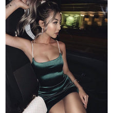 Load image into Gallery viewer, Rach&#39;s Emerald Green Satin Silver Strap Dress
