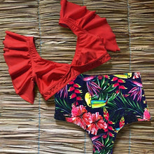 Load image into Gallery viewer, Flo’s Floral Ruffled V-neck High-waisted Two Piece Swimsuit
