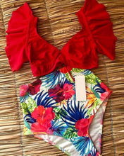 Load image into Gallery viewer, Flo’s Floral Ruffled V-neck High-waisted Two Piece Swimsuit
