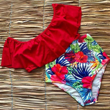 Load image into Gallery viewer, Flo’s Floral Ruffled V-neck High-waisted Two Piece Swimsuit
