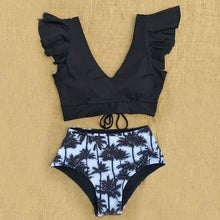 Load image into Gallery viewer, Flo’s Floral Ruffled V-neck High-waisted Two Piece Swimsuit
