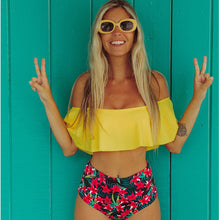 Load image into Gallery viewer, Flo’s Floral Ruffled V-neck High-waisted Two Piece Swimsuit
